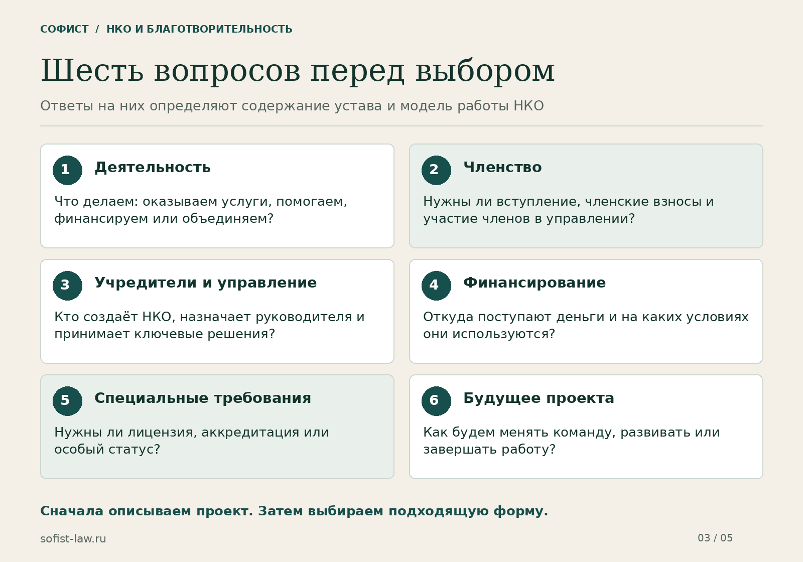 Шесть вопросов для выбора формы НКО: деятельность, членство, управление, финансирование, специальные требования и будущее проекта