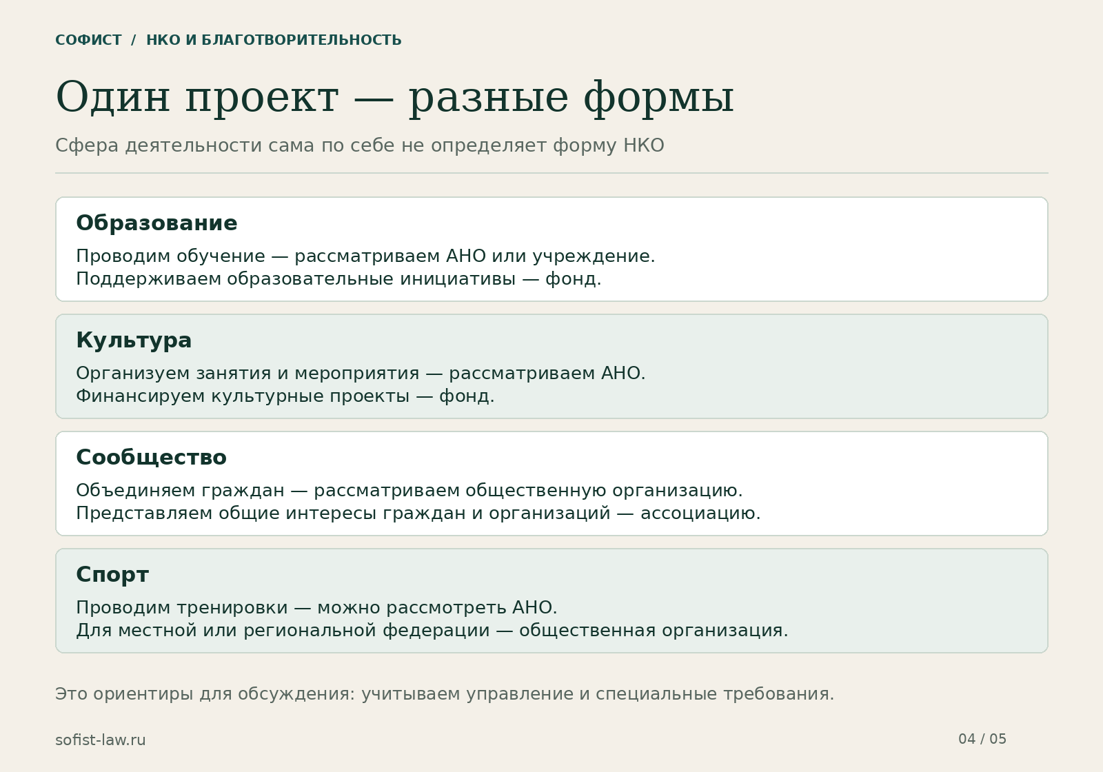 Варианты выбора формы НКО для образовательных, культурных, общественных и спортивных проектов