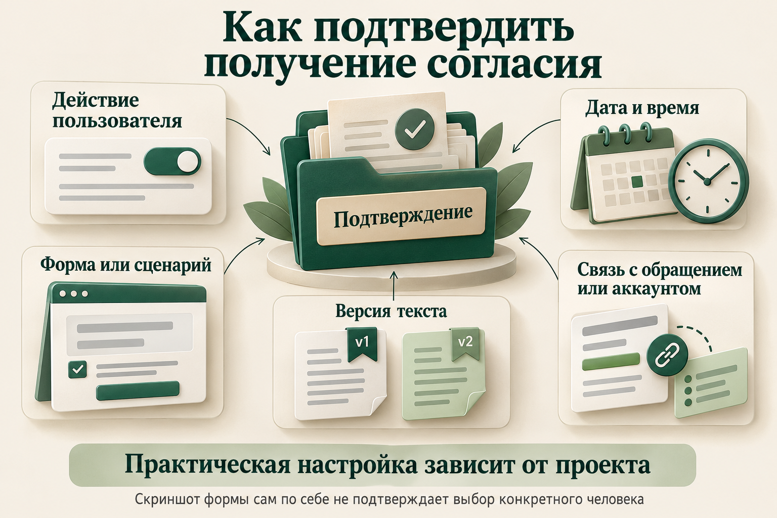 Подтверждение согласия связывает действие пользователя, дату и время, форму, версию текста и обращение или аккаунт