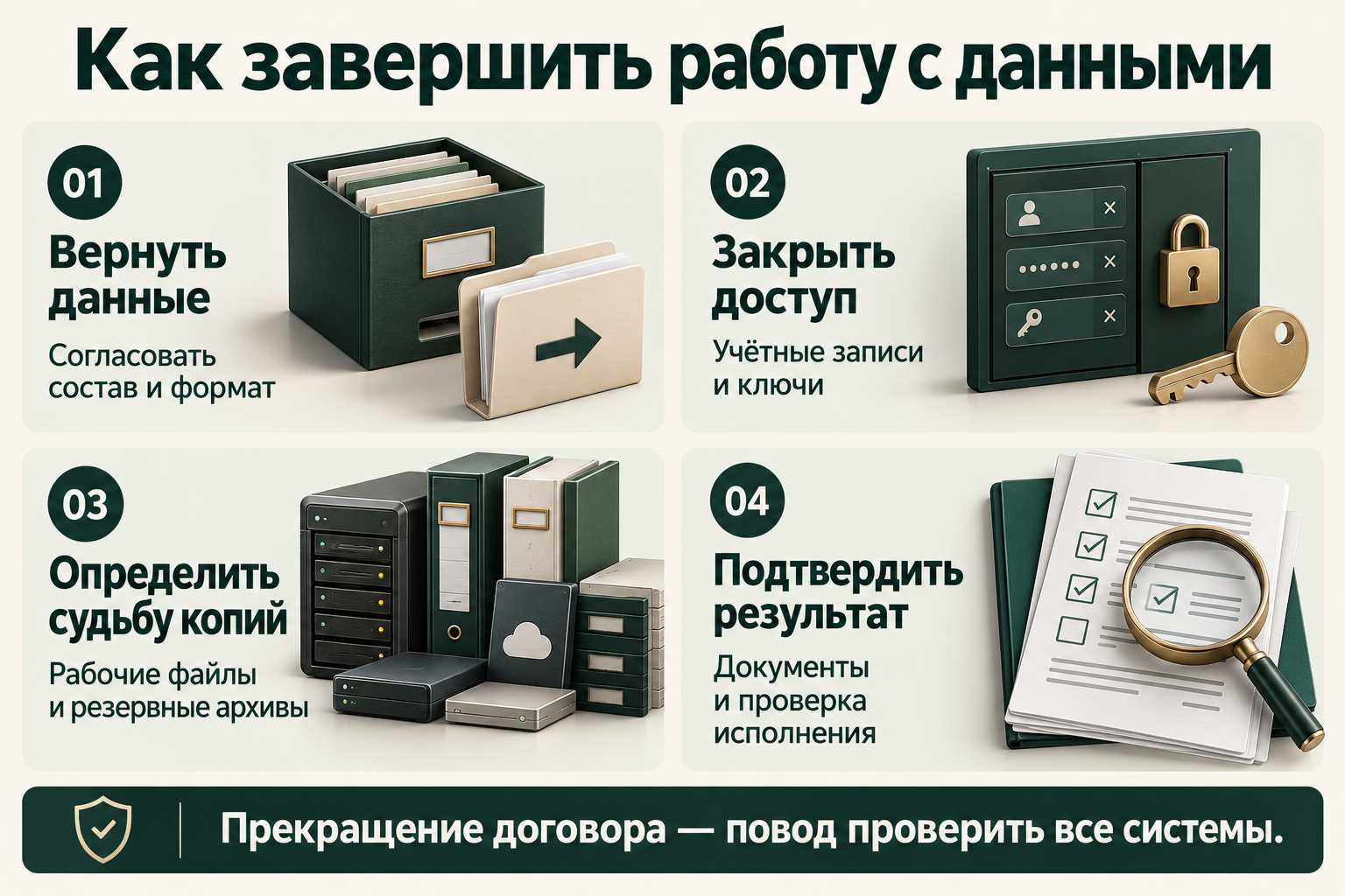 Завершение обработки подрядчиком: возврат данных, закрытие доступа, определение судьбы копий и подтверждение результата