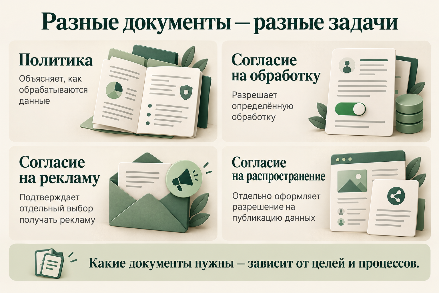 Политика, согласие на обработку, рекламу и распространение данных решают разные задачи