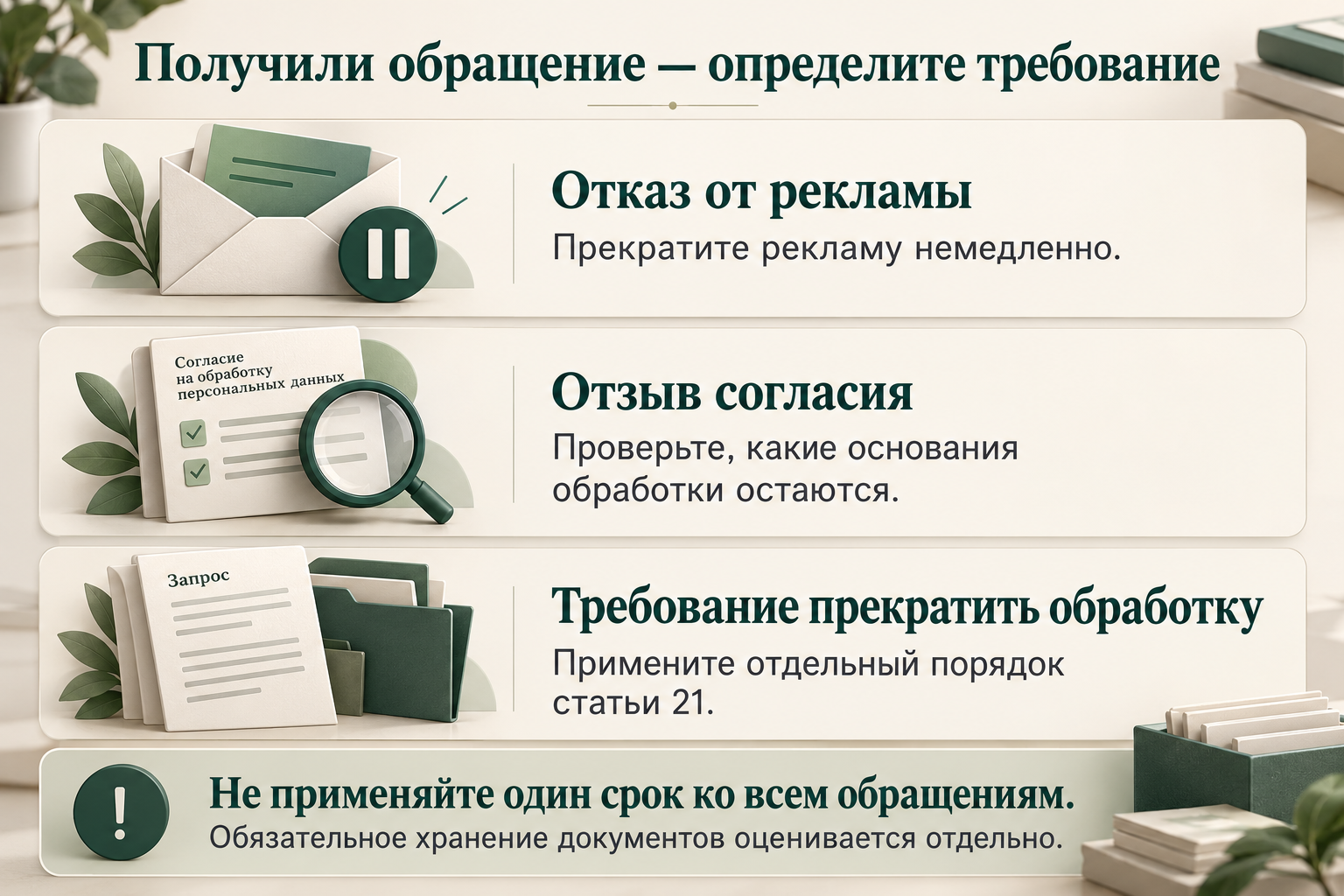 Отказ от рекламы, отзыв согласия и требование прекратить обработку требуют разного порядка действий