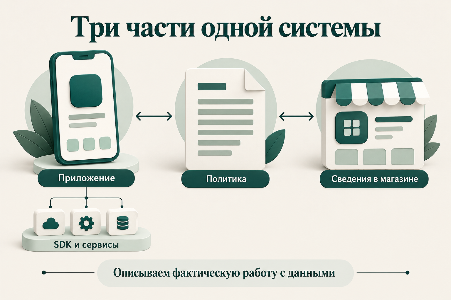 Приложение, политика и сведения в магазине должны согласованно описывать фактическую обработку данных, включая SDK и сервисы