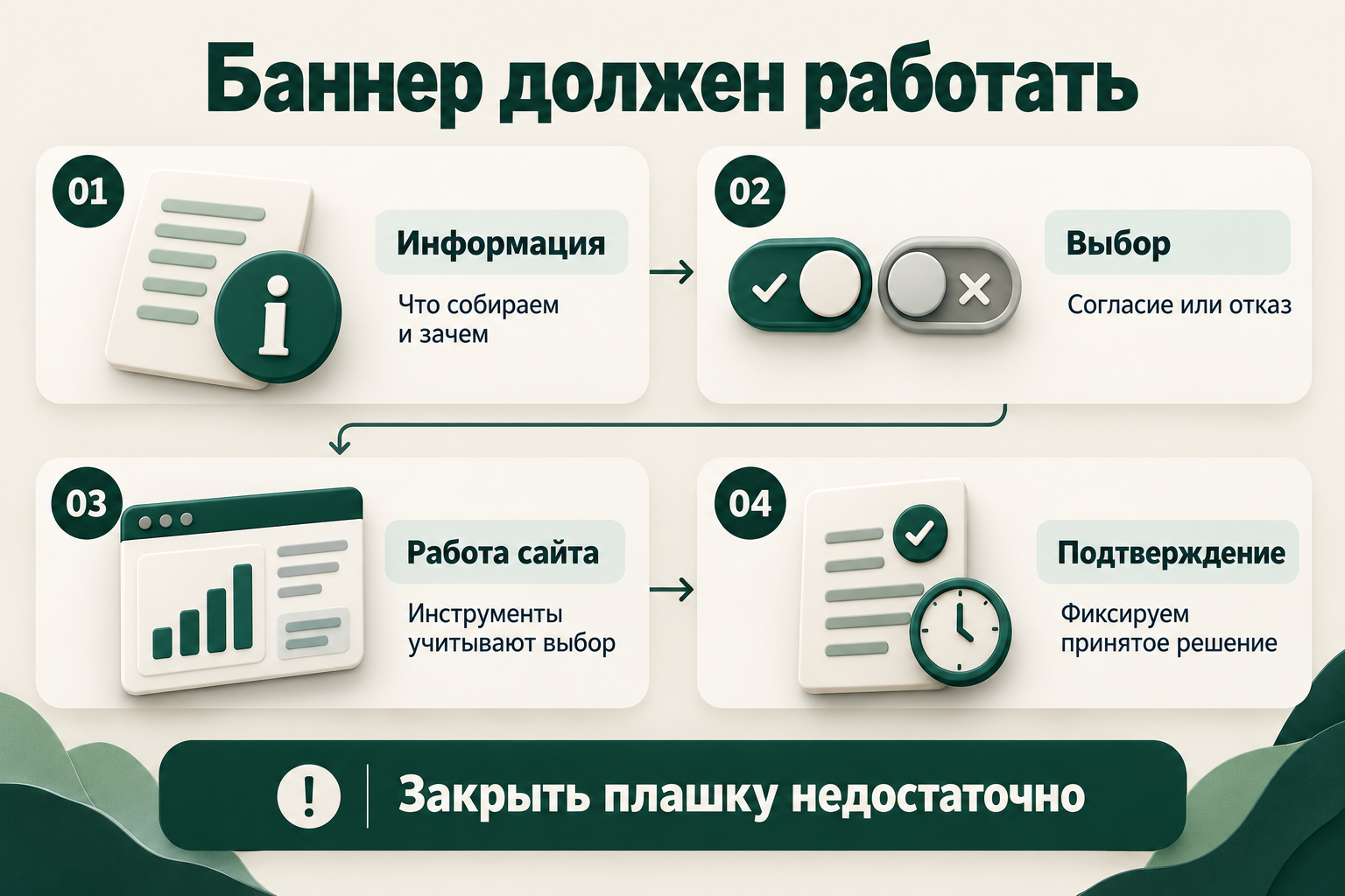 Четыре составляющих работы баннера: информация, выбор, работа сайта с учётом выбора и подтверждение решения