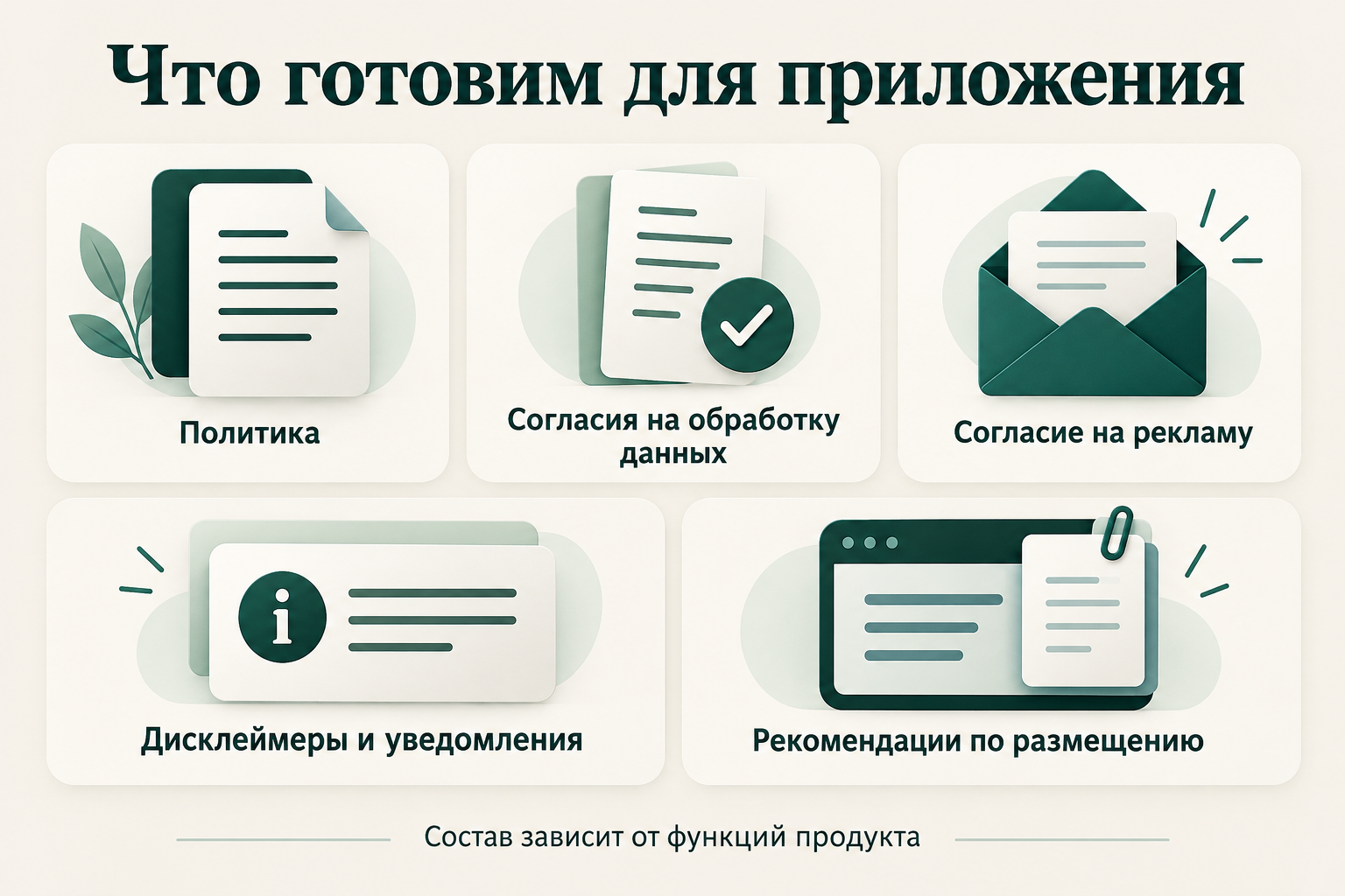 Документы для приложения: политика, согласия на обработку данных и рекламу, дисклеймеры, уведомления и рекомендации по размещению