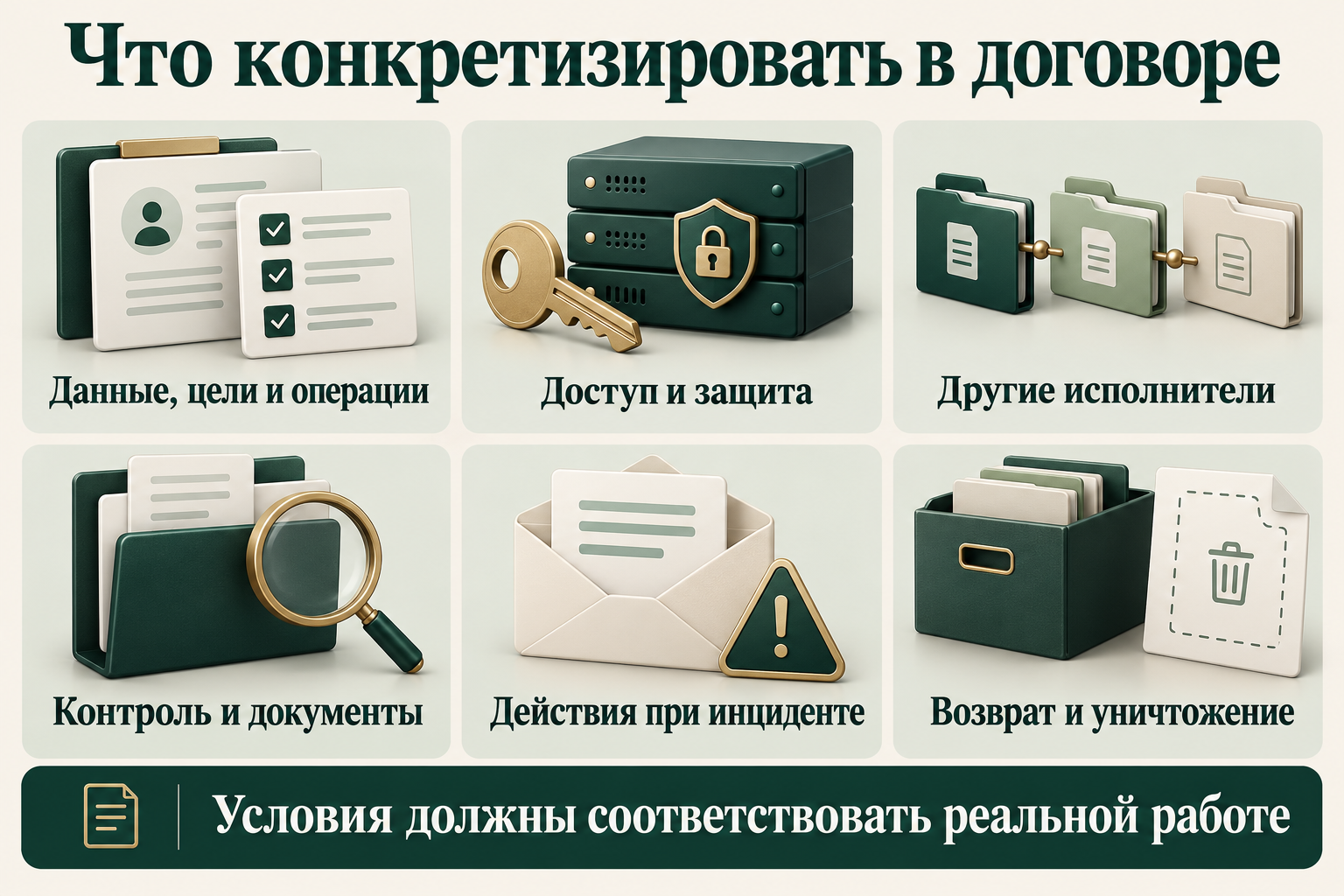 Условия обработки данных в договоре: цели и операции, защита, исполнители, контроль, инциденты, возврат и уничтожение