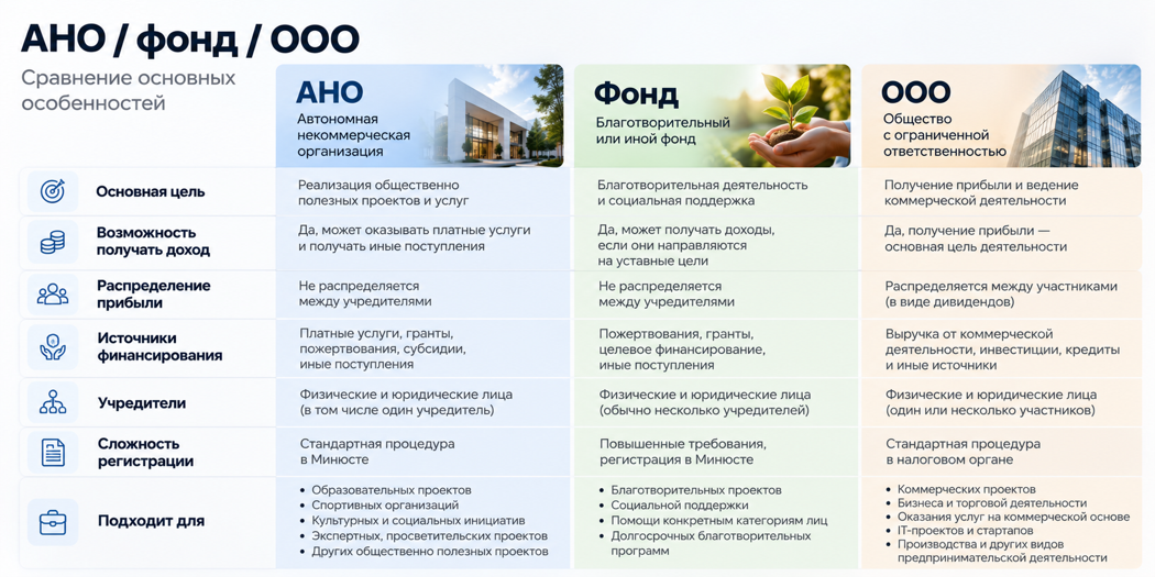 Сравнение АНО, фонда и ООО