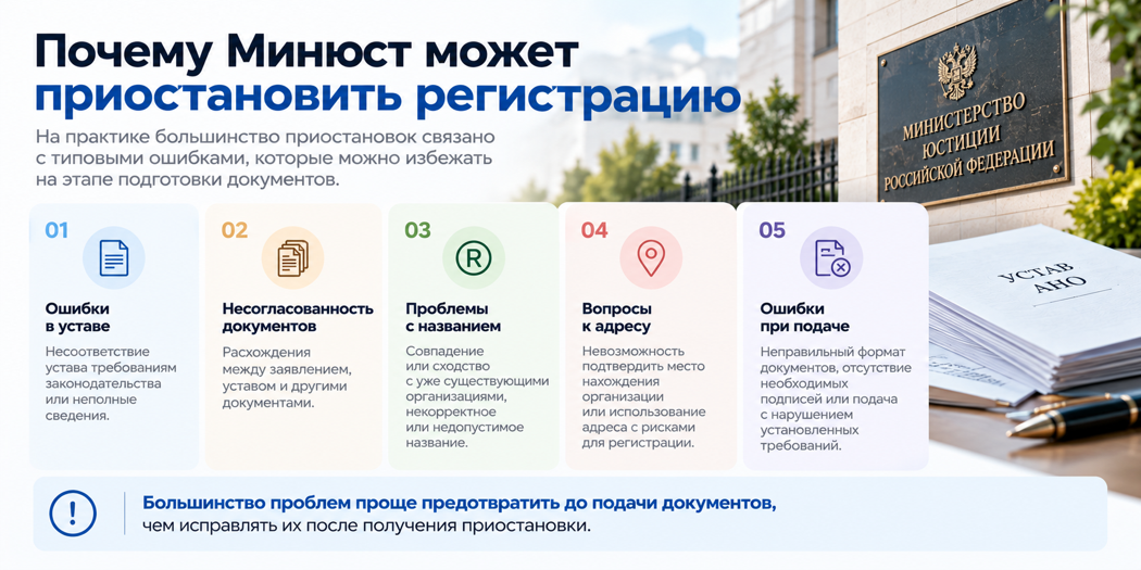 Почему Минюст может приостановить регистрацию АНО или отказать